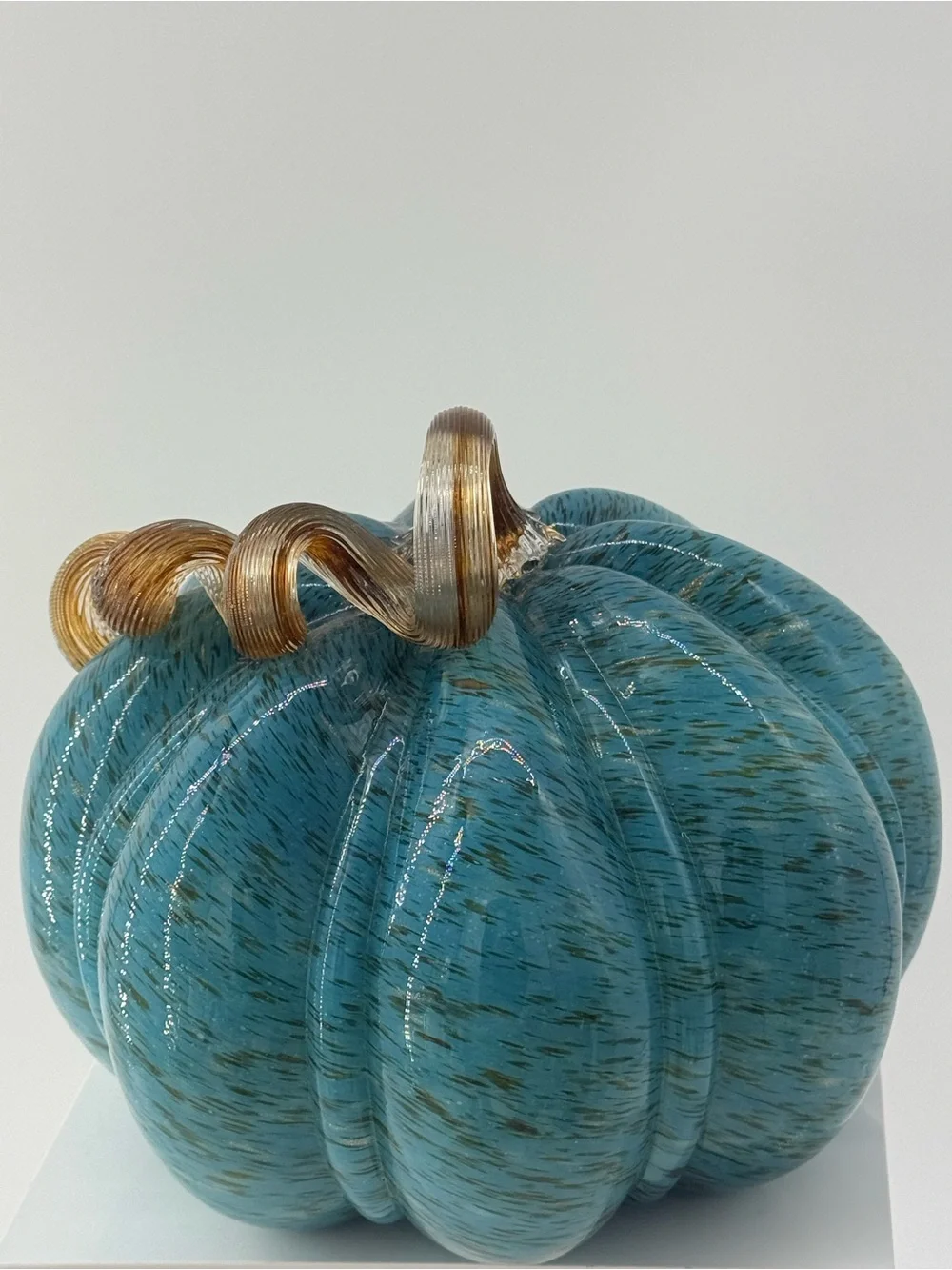 Teal Glass Pumpkin Accent with Gold-Tone Curled Stem